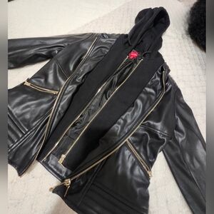 Black Faux Leather Jacket with Gold Accents And Hoddie.
